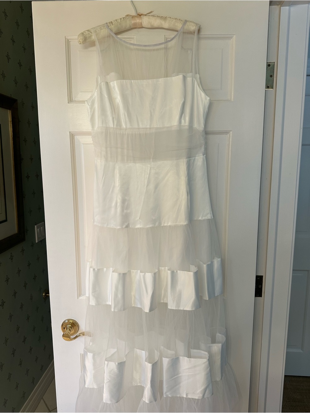 White Satin & Sheer Tulle Tiered Bridal Maxi Dress
